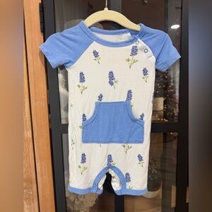 Kyte Baby shortall romper bamboo bluebonnets short sleeve girl periwinkle Texas